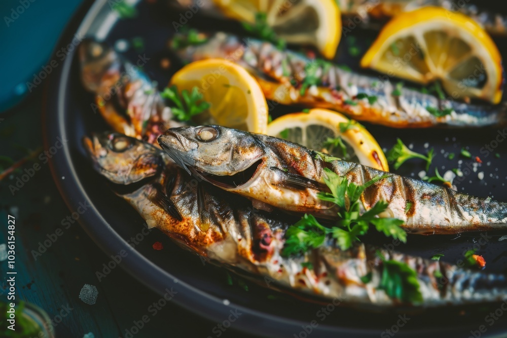 Grilled fish are laid on a dark plate with lemon slices and herbs. Concept of appetizing seafood and freshness. For culinary blogs or restaurant menus Grilled fish are laid on a dark plate with lemon slices and herbs. Concept of appetizing seafood and freshness. For culinary blogs or restaurant menus