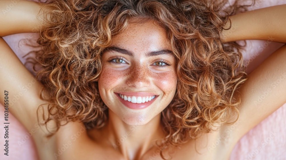 © familymedia - A smiling woman with curly hair lies relaxed on a pink surface, exuding warmth and positivity while displaying a natural, radiant aura, enhanced by her freckles. © familymedia - A smiling woman with curly hair lies relaxed on a pink surface, exuding warmth and positivity while displaying a natural, radiant aura, enhanced by her freckles.