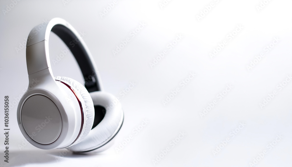 White metallic white wireless headphones in the air on side position provides copy space for text. background concept isolated white White metallic white wireless headphones in the air on side position provides copy space for text. background concept isolated white