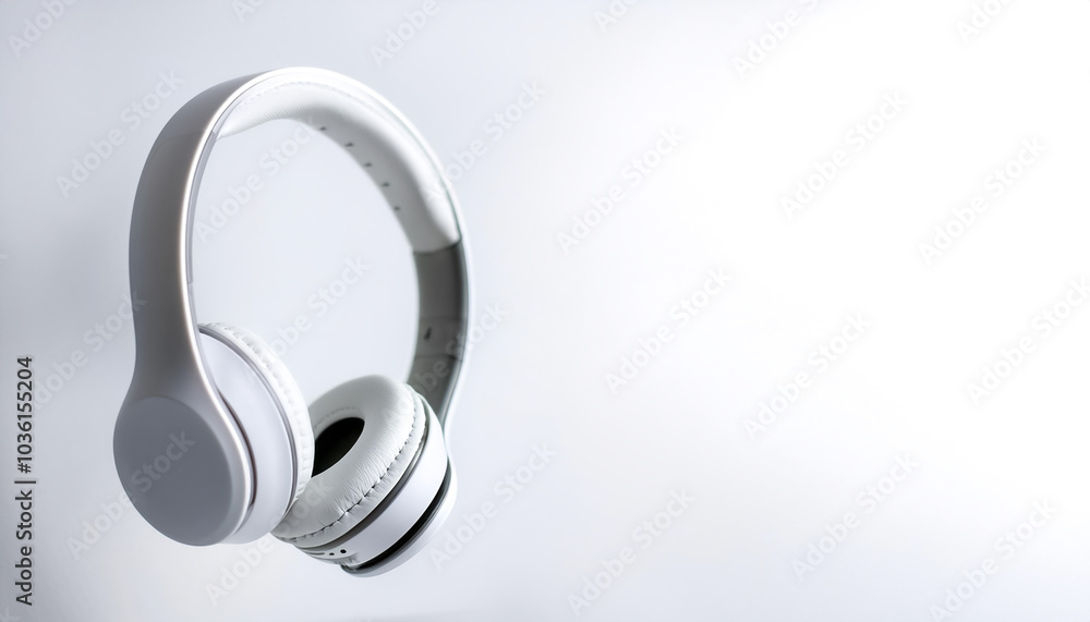 White metallic white wireless headphones in the air on side position provides copy space for text. background concept isolated white White metallic white wireless headphones in the air on side position provides copy space for text. background concept isolated white
