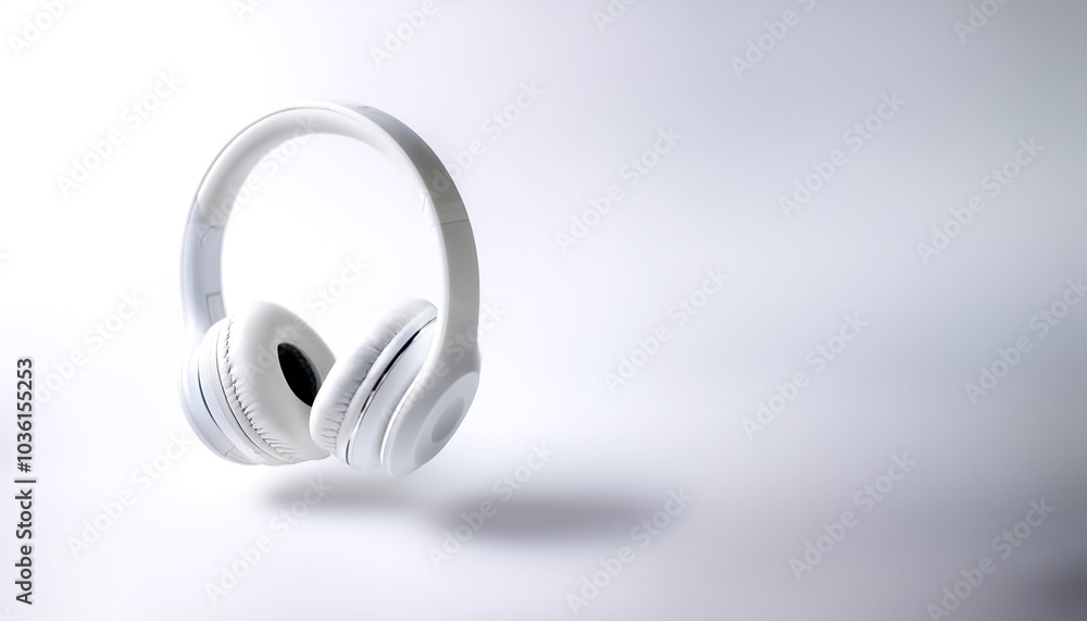 White metallic white wireless headphones in the air on side position provides copy space for text. background concept isolated white White metallic white wireless headphones in the air on side position provides copy space for text. background concept isolated white