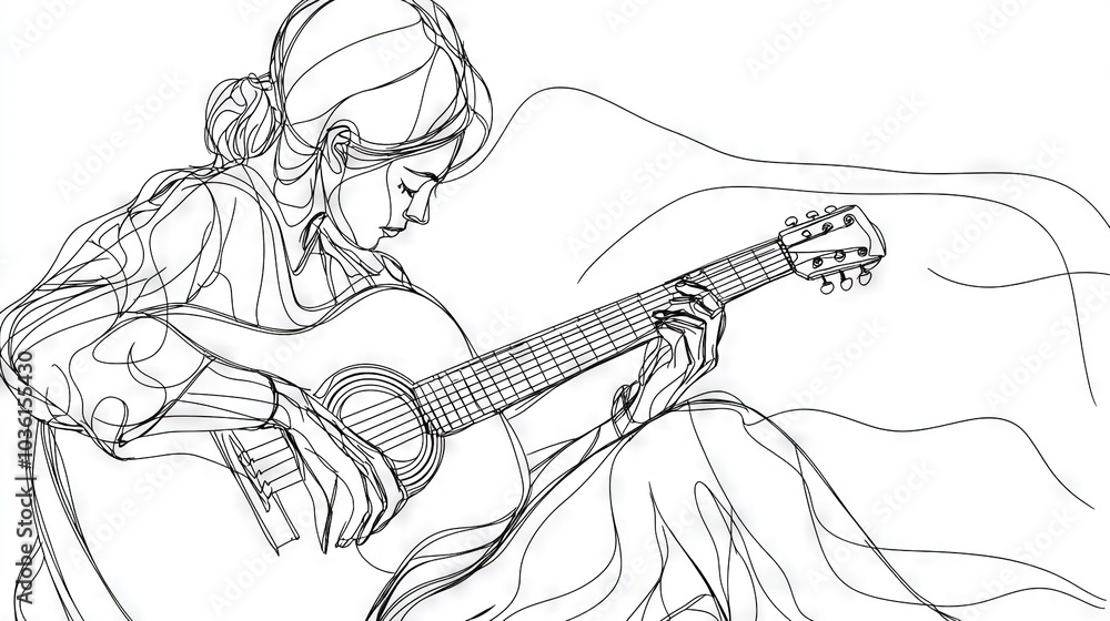 A girl playing a guitar in front of two mountains A girl playing a guitar in front of two mountains
