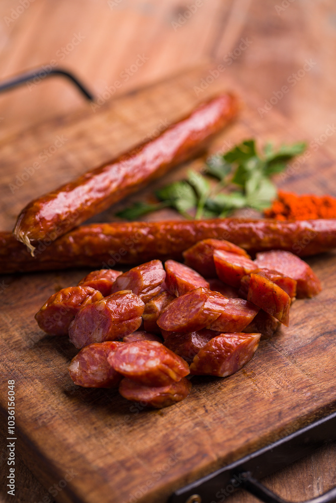 Delicious Sliced Smoked Sausage on Rustic Wooden Cutting Board Delicious Sliced Smoked Sausage on Rustic Wooden Cutting Board