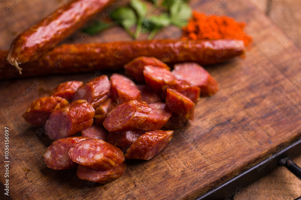 Sliced Spicy Sausage on Rustic Wooden Cutting Board Sliced Spicy Sausage on Rustic Wooden Cutting Board
