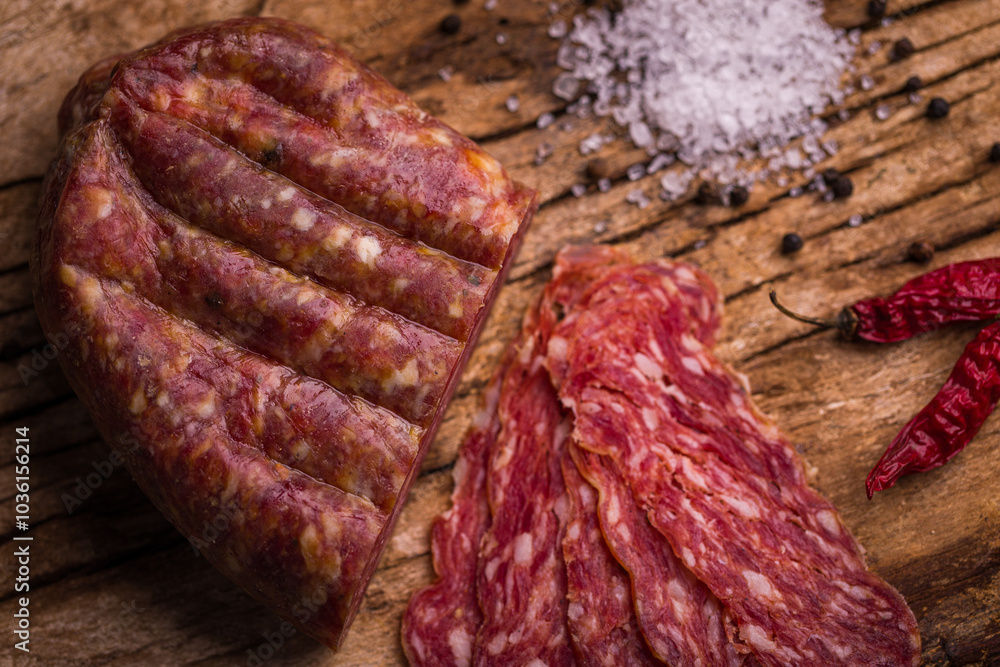 Fototapeta premium Close-Up of Sliced Salami on Rustic Wooden Table
