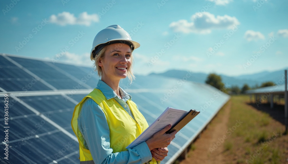 A woman engineer wearing a hard hat and safety vest stands by expansive rows of solar panels, holding a clipboard. A woman engineer wearing a hard hat and safety vest stands by expansive rows of solar panels, holding a clipboard.