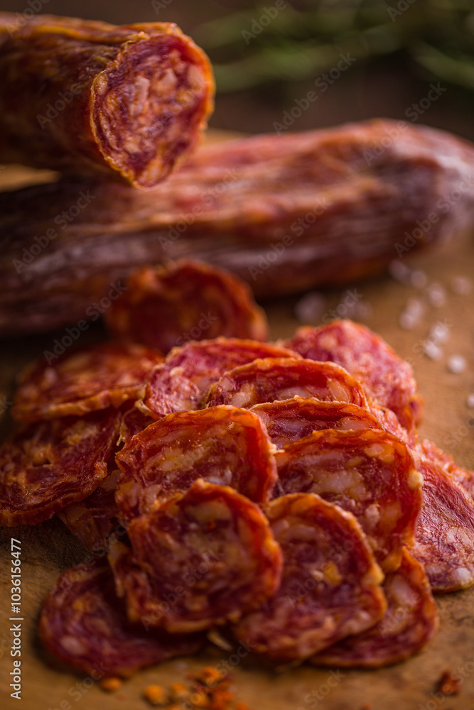 Close-Up of Sliced Spanish Chorizo on Wooden Board Close-Up of Sliced Spanish Chorizo on Wooden Board