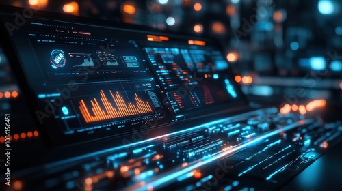 A close-up of a futuristic computer screen displaying data and graphs, glowing with a blue and orange light.