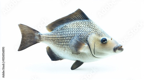 Gray Triggerfish glides gracefully showcasing its unique shape and vibrant colors against a stark white background highlighting its natural beauty. photo