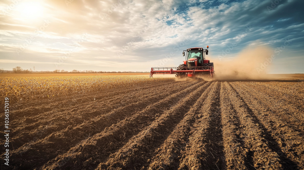 Farm equipment is working in a field on a sunny day. Farm equipment is working in a field on a sunny day.