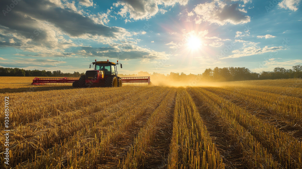 Farm equipment is working in a field on a sunny day. Farm equipment is working in a field on a sunny day.
