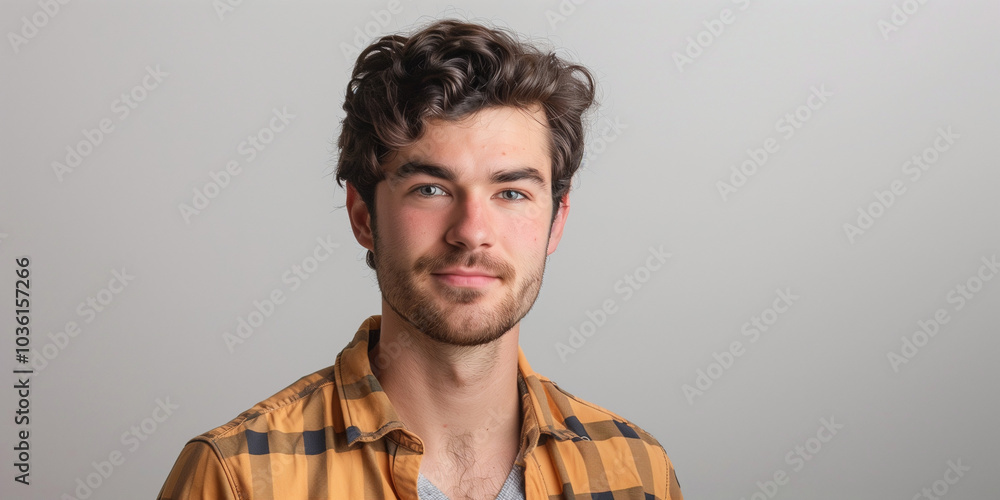 Portrait of a Young Man with Curly Hair in Casual Attire Against a Neutral Background Portrait of a Young Man with Curly Hair in Casual Attire Against a Neutral Background