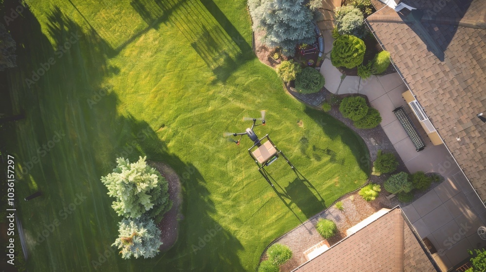 Fototapeta premium A drone delivering a package to a suburban backyard, residential setting with green lawn and happy recipient, Serene style