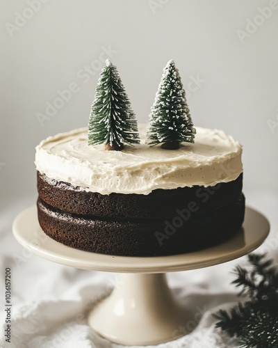 A festive chocolate cake topped with miniature snowy trees for holiday celebr...