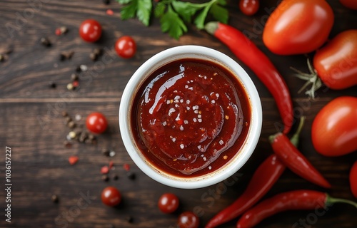 Rich tomato sauce surrounded by fresh tomatoes and herbs on a rustic wooden s...