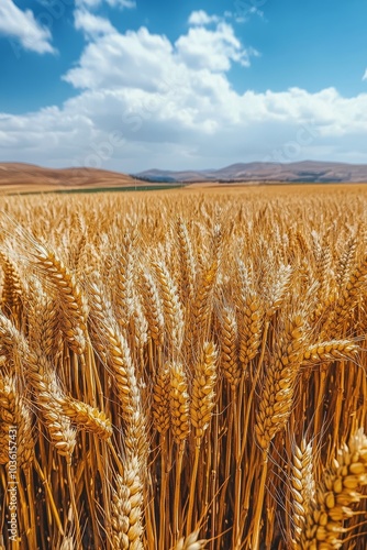 Golden wheat fields under a blue sky with fluffy clouds in the countryside