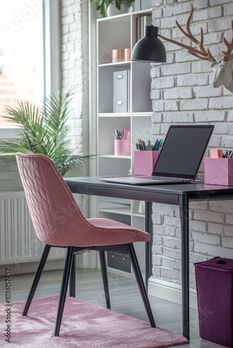 Contemporary workspace with a pink chair and laptop in a bright, stylish room...