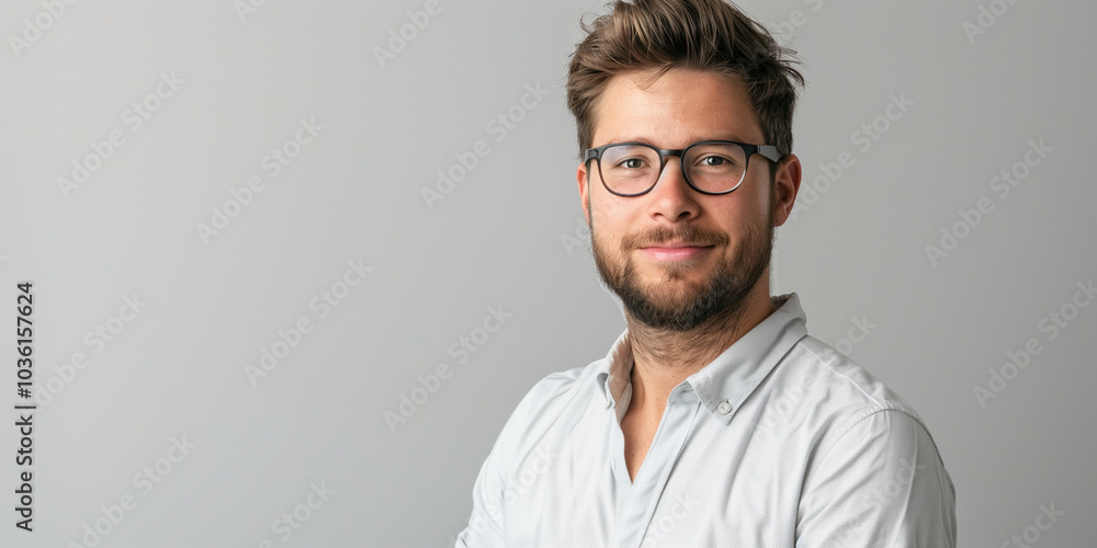 Confident Young Man with Glasses Smiling Against a Neutral Background Confident Young Man with Glasses Smiling Against a Neutral Background