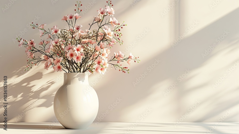 3D illustration of a delicate flower vase with pastel blooms, set against a pale background, capturing soft and serene tones 3D illustration of a delicate flower vase with pastel blooms, set against a pale background, capturing soft and serene tones