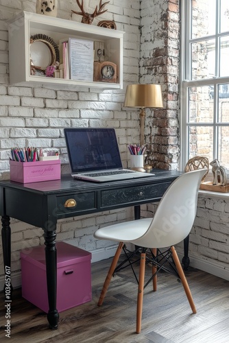 Contemporary workspace with a pink chair and laptop in a bright, stylish room...