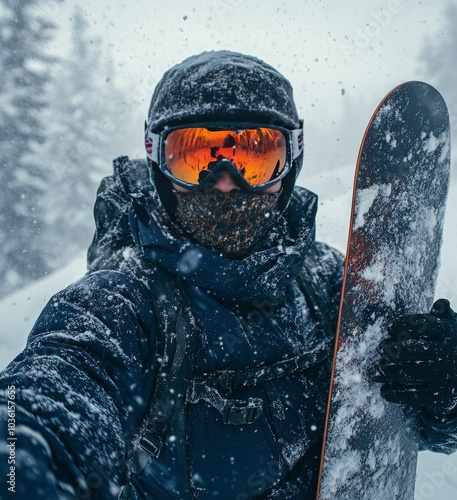 Snowboarder takes a self portrait during a snowy day in the mountains while e...