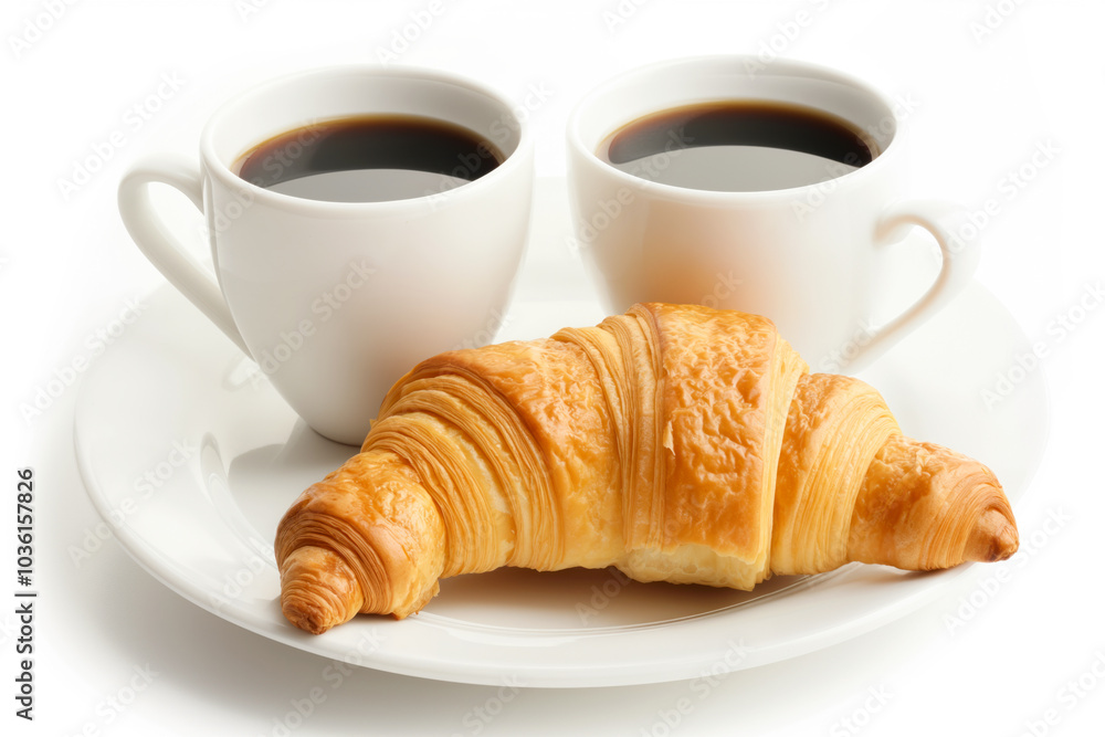 two white cups of coffee and a croissant on a white background. breakfast is a concept. two white cups of coffee and a croissant on a white background. breakfast is a concept.