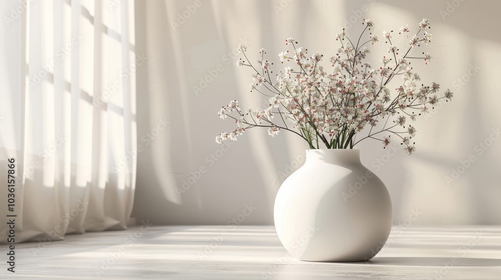 3D illustration of a delicate flower vase with pastel blooms, set against a pale background, capturing soft and serene tones 3D illustration of a delicate flower vase with pastel blooms, set against a pale background, capturing soft and serene tones