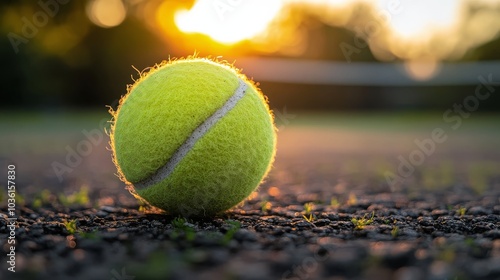 A close up of a bright yellow tennis ball resting on a court during sunset wi...