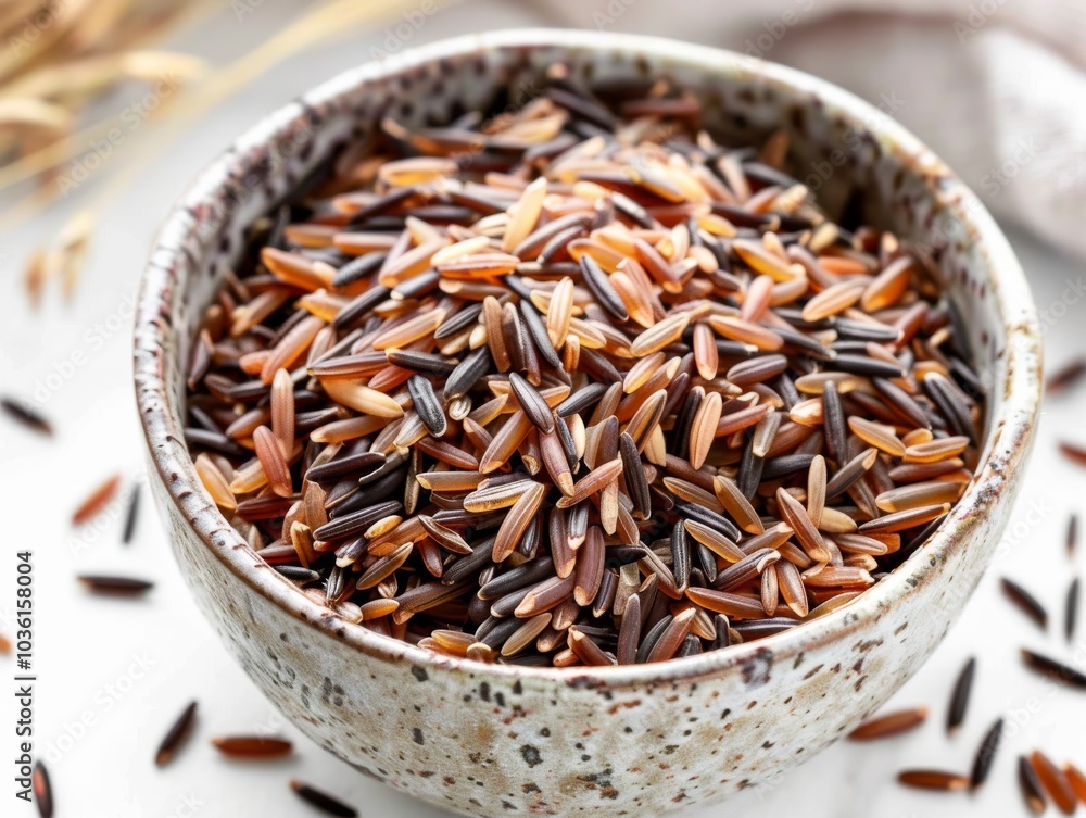 A close-up of cooked wild rice in a bowl on a white background A close-up of cooked wild rice in a bowl on a white background