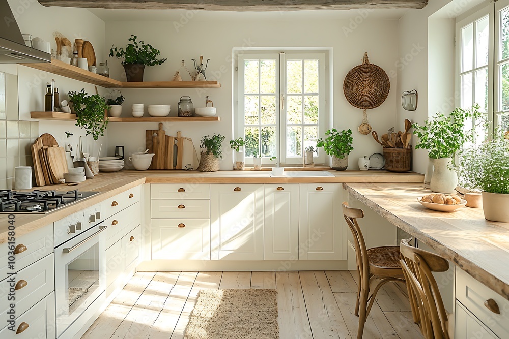 Fototapeta premium Modern kitchen interior with white cabinets and wooden countertop