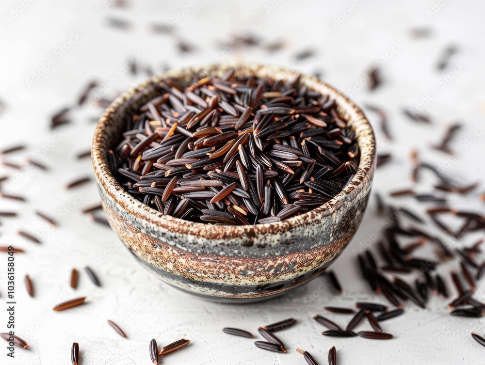 A close-up of cooked wild rice in a bowl on a white background A close-up of cooked wild rice in a bowl on a white background