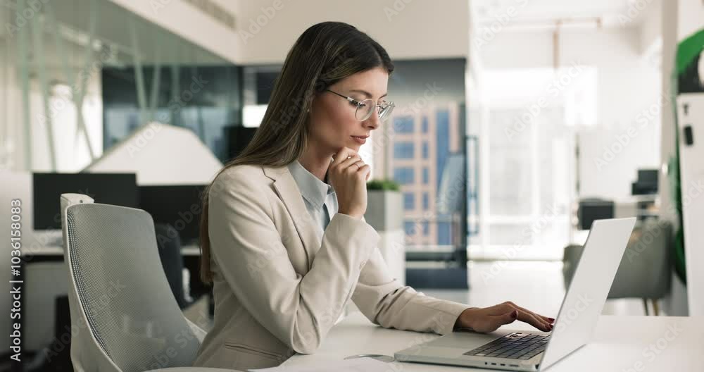 Pensive business woman using laptop in modern office, preparing, editing document, on-line presentation, analyzing received data, working on financial report, researching market trends and information Pensive business woman using laptop in modern office, preparing, editing document, on-line presentation, analyzing received data, working on financial report, researching market trends and information