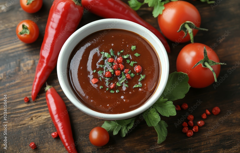 Rich tomato sauce surrounded by fresh tomatoes and herbs on a rustic wooden surface Rich tomato sauce surrounded by fresh tomatoes and herbs on a rustic wooden surface