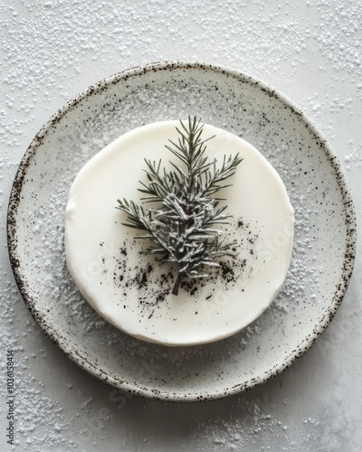 Winter dessert featuring a cream cake with evergreen garnish on a textured plate