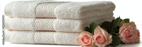 Soft white towels stacked neatly with pink roses on a gray background, perfec...