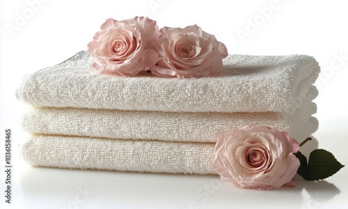 Neatly arranged white towels with fresh pink roses on a soft surface in a ser...