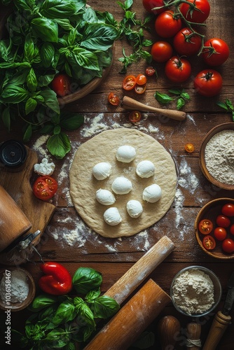Preparing homemade pizza with fresh mozzarella and herbs on a wooden board in...