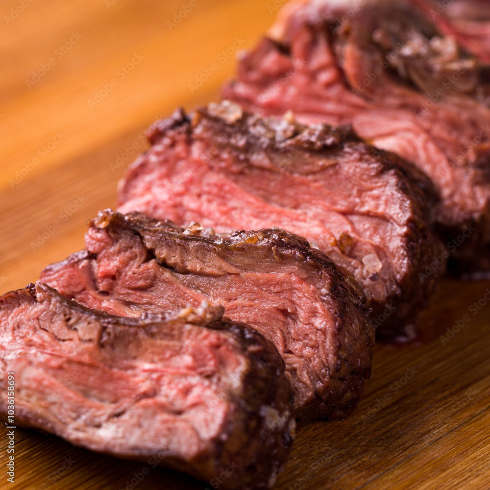 Juicy Grilled Steak Slices on a Wooden Cutting Board Juicy Grilled Steak Slices on a Wooden Cutting Board
