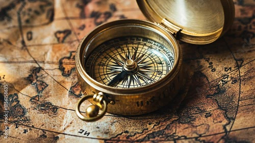 A brass compass rests on an old world map, ready to guide explorers on their next adventure photo