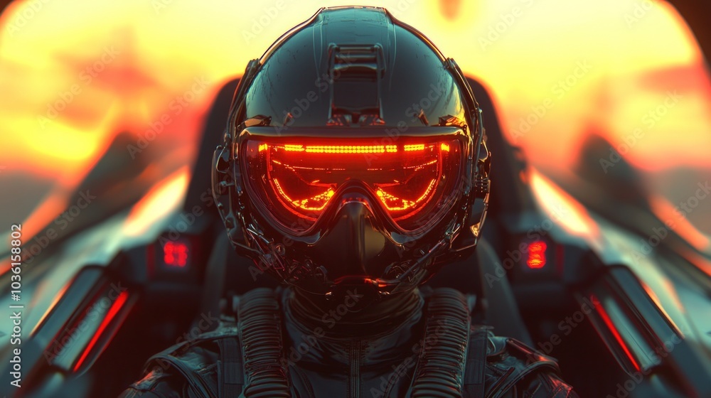 A futuristic pilot wearing a helmet with glowing red visor looks ahead in a high-speed vehicle. A futuristic pilot wearing a helmet with glowing red visor looks ahead in a high-speed vehicle.