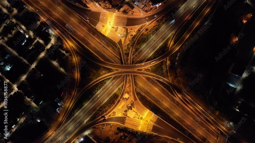 Aerial drone hyper lapse night video of urban elevated toll road junction and interchange overpass in National road and Attiki odos of Attica, Athens, Greece Aerial drone hyper lapse night video of urban elevated toll road junction and interchange overpass in National road and Attiki odos of Attica, Athens, Greece