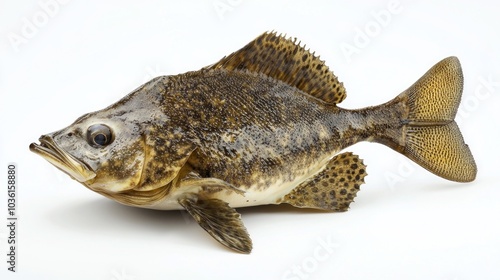 flounder known scientifically as Paralichthys dentatus displays its distinctive flat body and camouflaged coloration against a clean white backdrop emphasizing its biological features. photo