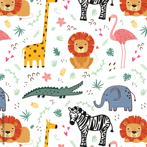 Zoo animals kid seamless pattern vector. Giraffe, lion, rhino, crocodile and elephant on white background.