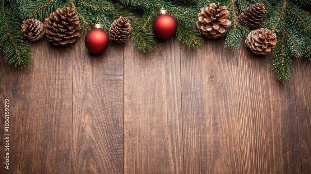 A vibrant Christmas background featuring dark wood, pine branches, red ornaments, and decorative cones, perfect for festive designs A vibrant Christmas background featuring dark wood, pine branches, red ornaments, and decorative cones, perfect for festive designs