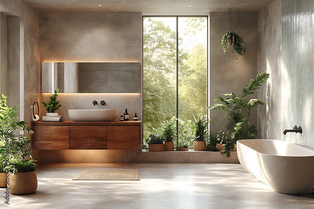 Fototapeta premium Modern bathroom interior with bathtub and green plants