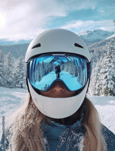 A skier in a helmet with reflective goggles surrounded by snow covered mounta...