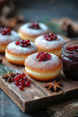 Delicious donuts topped with cranberries and powdered sugar beside a jar of jam