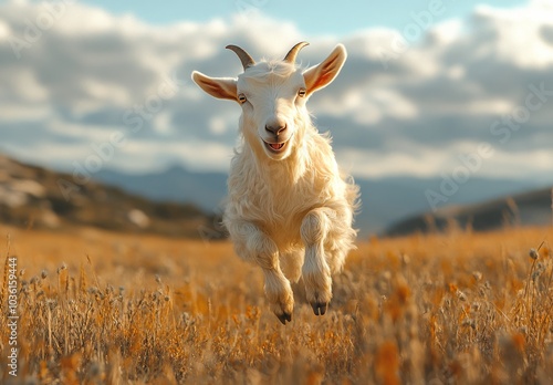 A lively lamb joyfully running across a golden field under an overcast sky