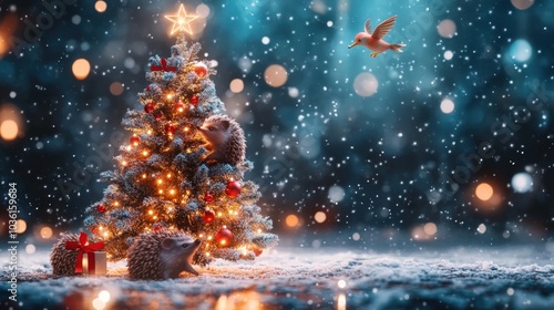 A decorated Christmas tree with two hedgehogs at the base and a bird flying above in a snowy, festive scene.