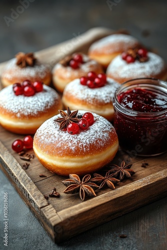 Delicious donuts topped with cranberries and powdered sugar beside a jar of jam